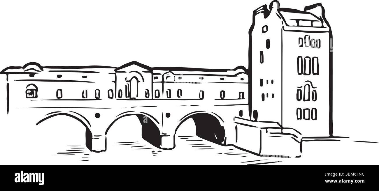 Pulteney Bridge, Bath, Inghilterra, schizzo a inchiostro bianco e nero. Punto di riferimento architettonico palladiano. Iconico ponte europeo con elementi di design neoclassici. Illustrazione Vettoriale