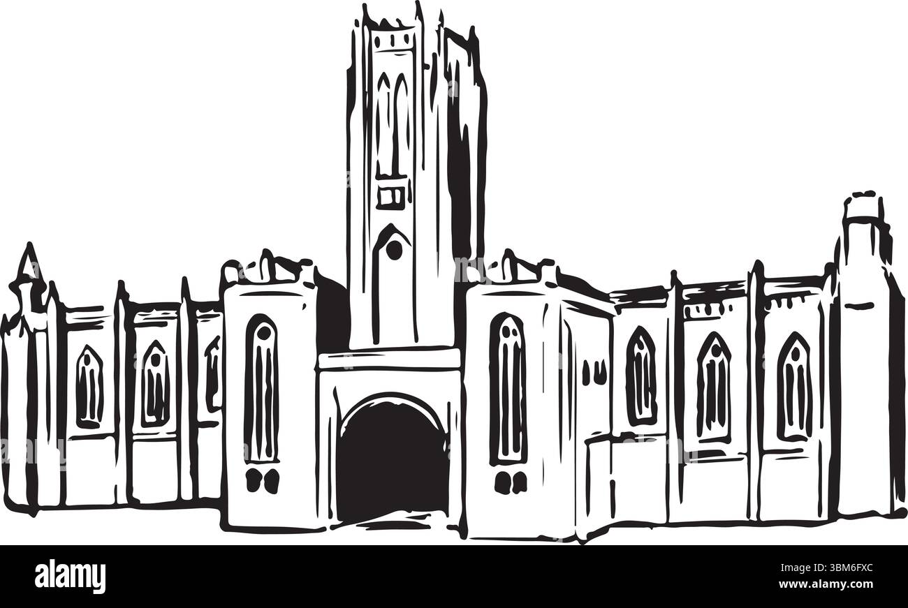 Cattedrale di Liverpool, Liverpool, Inghilterra, schizzo a inchiostro bianco e nero. Maestosa architettura neogotica con torreggianti guglie e intricati lavori in pietra. Illustrazione Vettoriale