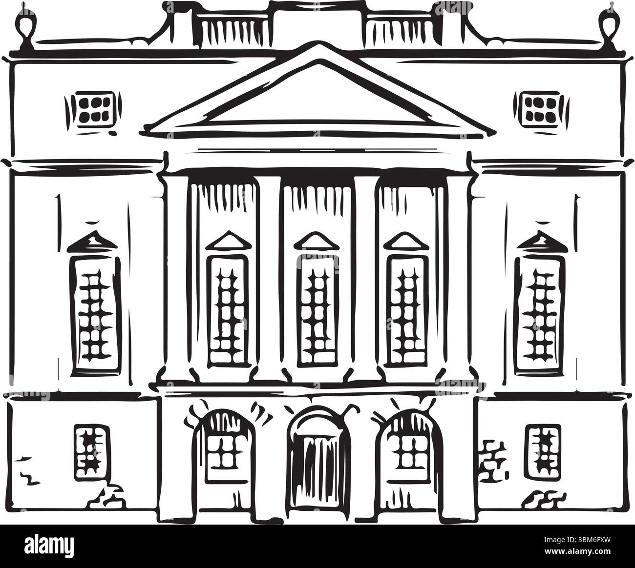 Holburne Museum, Bath, Inghilterra, schizzo a inchiostro bianco e nero. Elegante destinazione di architettura neoclassica inglese. Sito storico e culturale europeo. Illustrazione Vettoriale