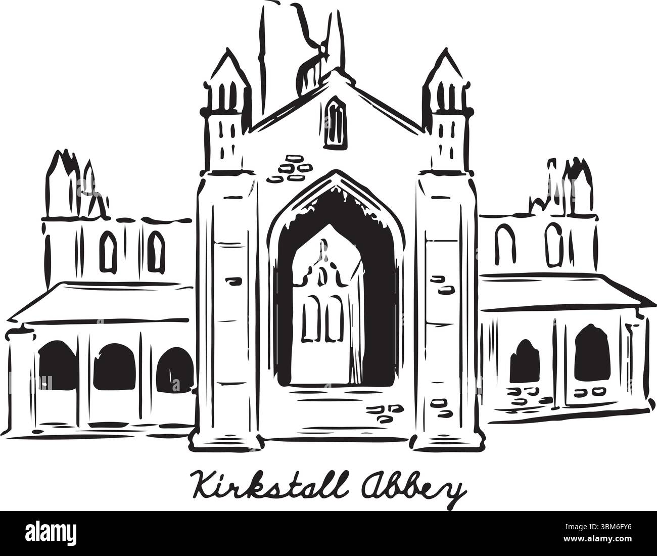 Illustrazione a inchiostro di Kirkstall Abbey. Bozzetti di case di architettura storica medievale. Illustrazione del vettore del riferimento anatomico del Regno Unito. Disegni minimali dell'architettura. Illustrazione Vettoriale