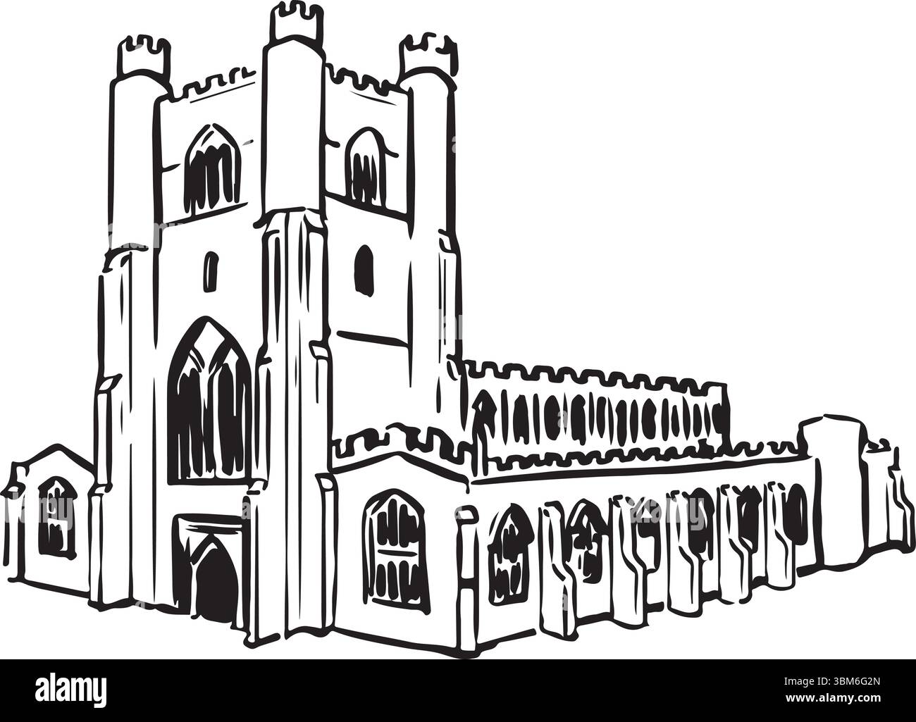 Great St Mary's, Cambridge, Inghilterra, schizzo a inchiostro bianco e nero. Iconica architettura gotica inglese con una grande torre e dettagli intricati. Storico Illustrazione Vettoriale