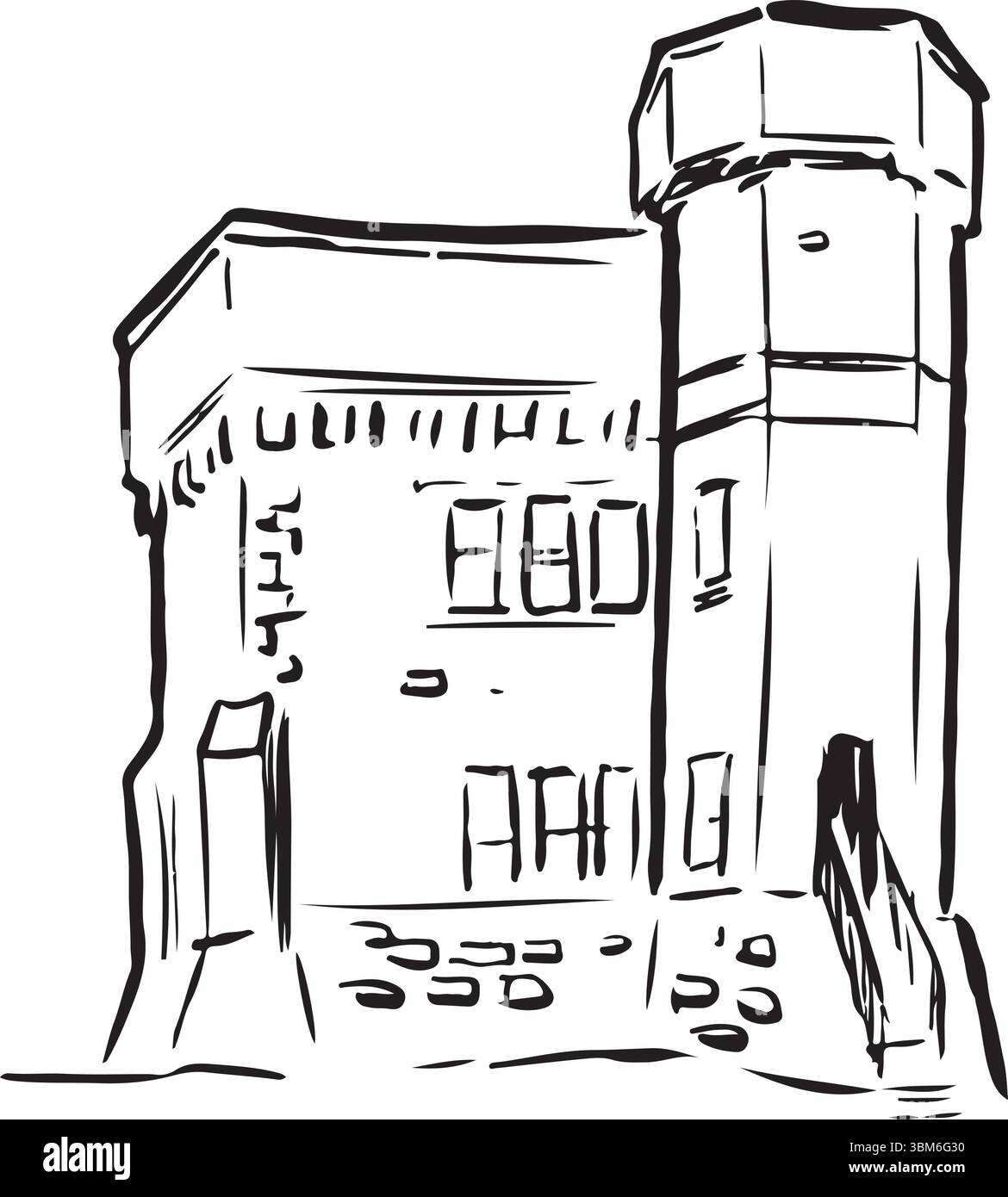 Cabot Tower, Bristol, Inghilterra, schizzo a inchiostro bianco e nero. Architettura neogotica con dettagli ornamentali e un design a torre sottile. Sito storico. Illustrazione Vettoriale