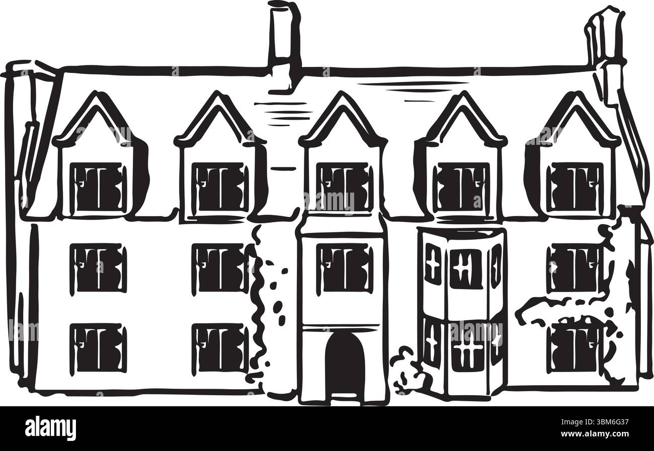 Facciata dell'abbazia di Anglesey, Cambridge, Inghilterra, disegno a inchiostro bianco e nero. Storica casa in stile giacobino con eleganti giardini e ricco patrimonio culturale Illustrazione Vettoriale