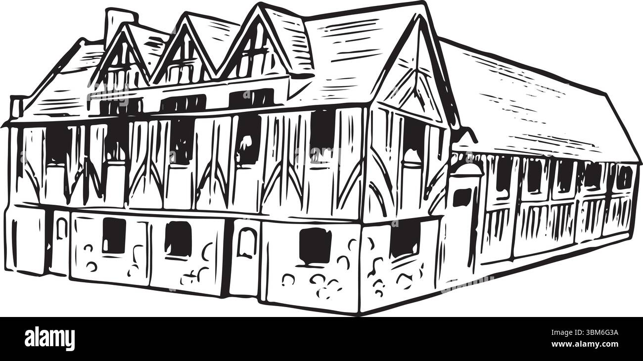 Guildhall Museum, Leicester, Inghilterra, disegno a inchiostro bianco e nero. Storico edificio medievale incorniciato in legno con ricco patrimonio storico e dettagli intricati. Illustrazione Vettoriale
