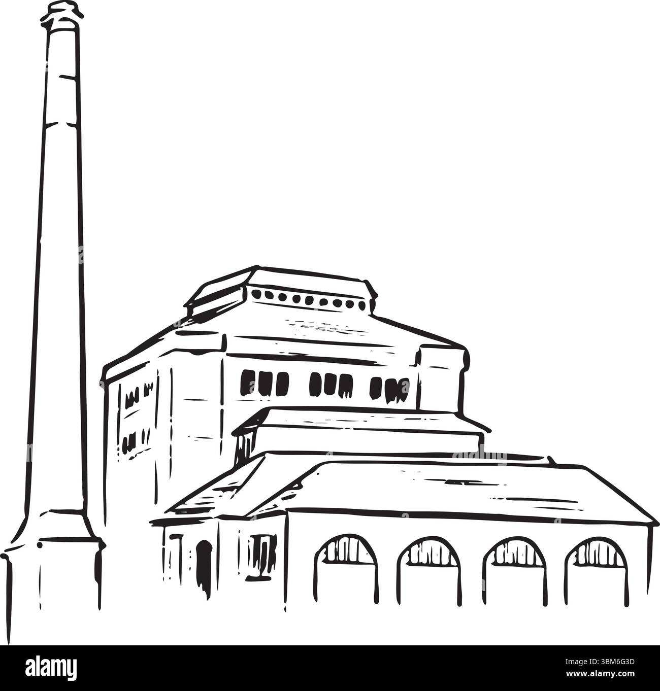 Abbey Pumping Station, Leicester, Inghilterra, schizzo a inchiostro bianco e nero. Iconico edificio industriale vittoriano con muratura ornata e alto camino. Illustrazione Vettoriale