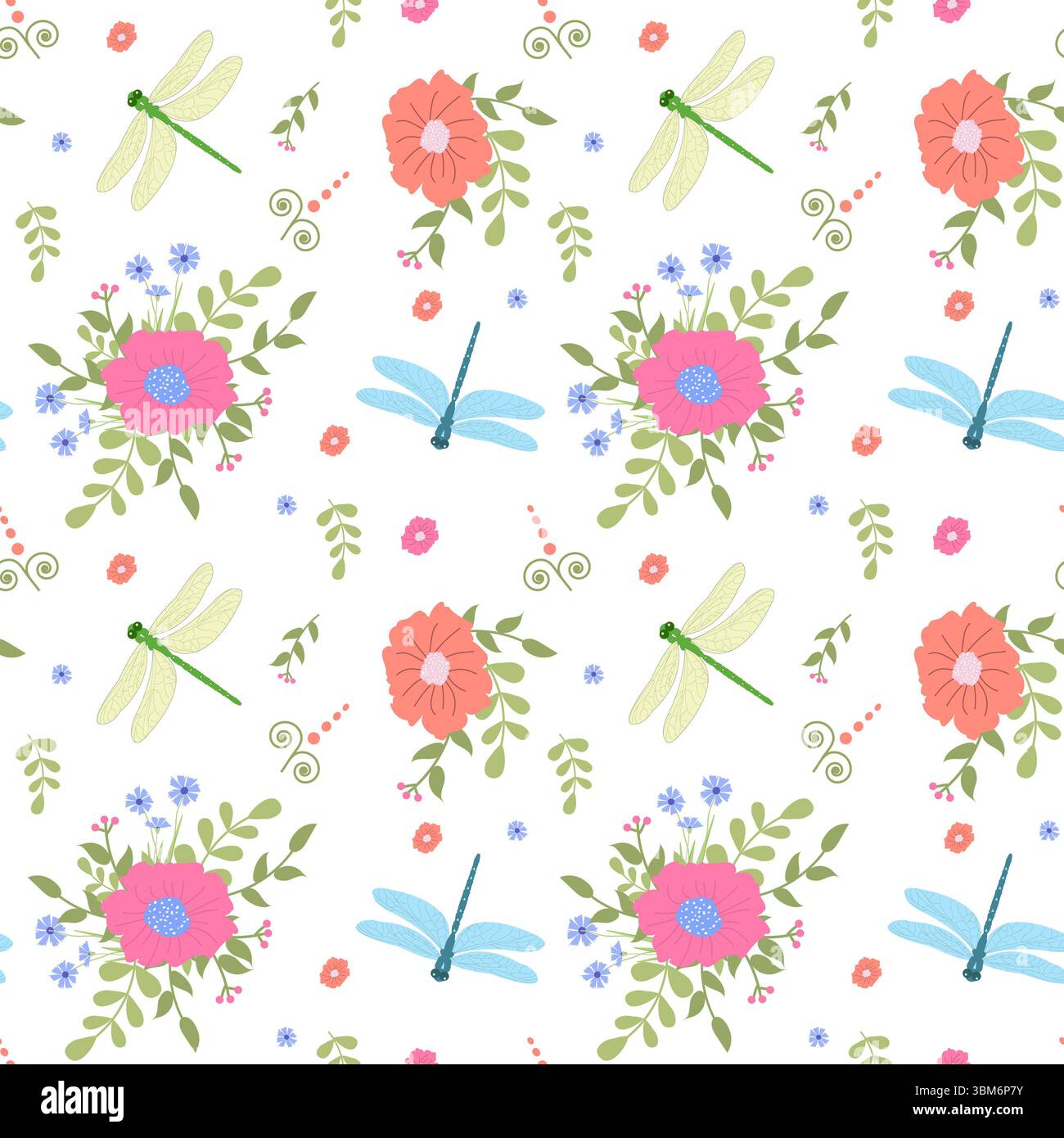 Libellule multicolore e fiori astratti, motivo vettoriale senza cuciture su sfondo bianco. Perfetto per design, tessuti, imballaggi, carte da parati e articoli Foto Stock