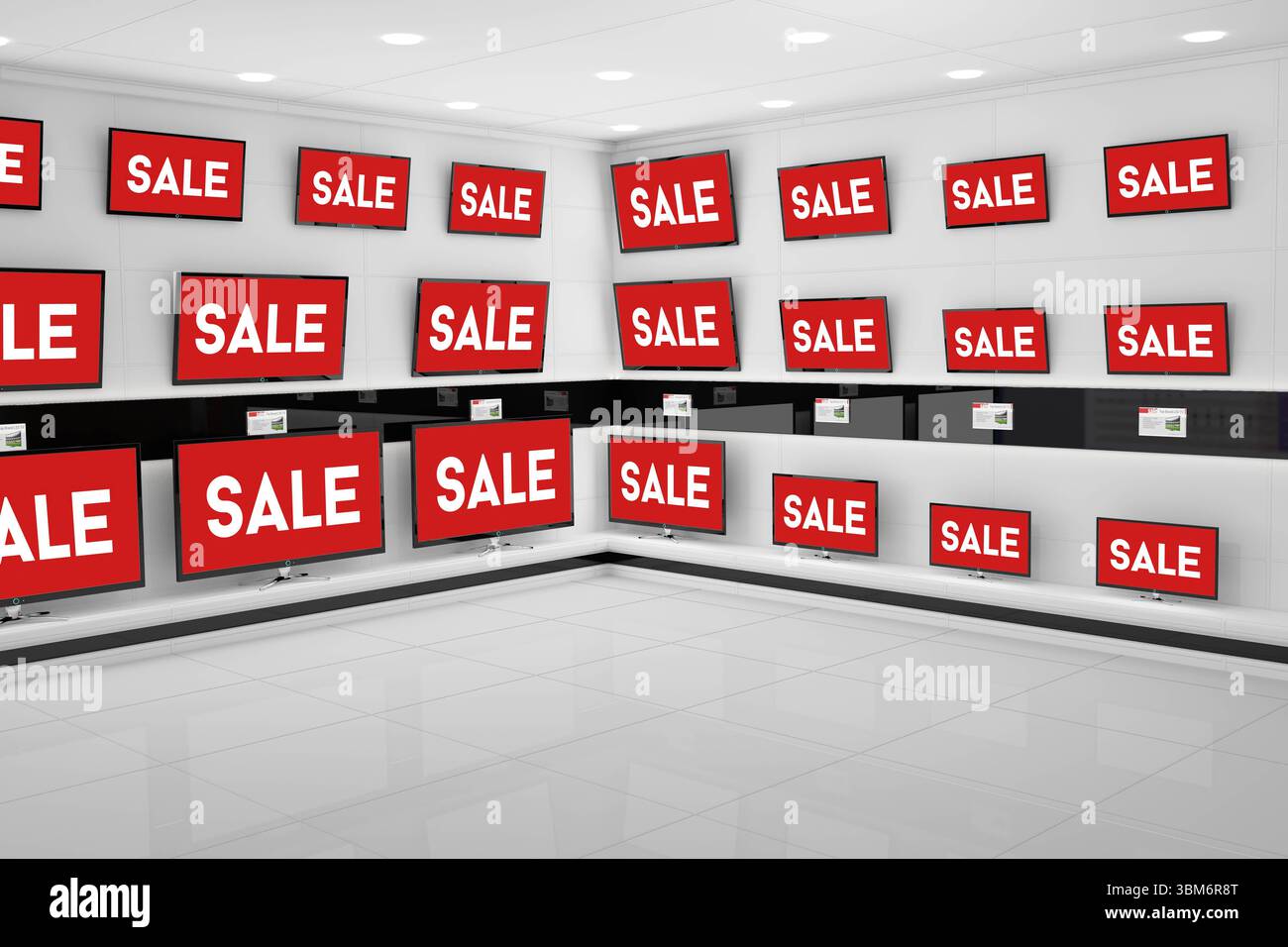 I televisori dal design piatto espongono i cartelli di vendita nello showroom di elettronica su scaffali bassi Foto Stock