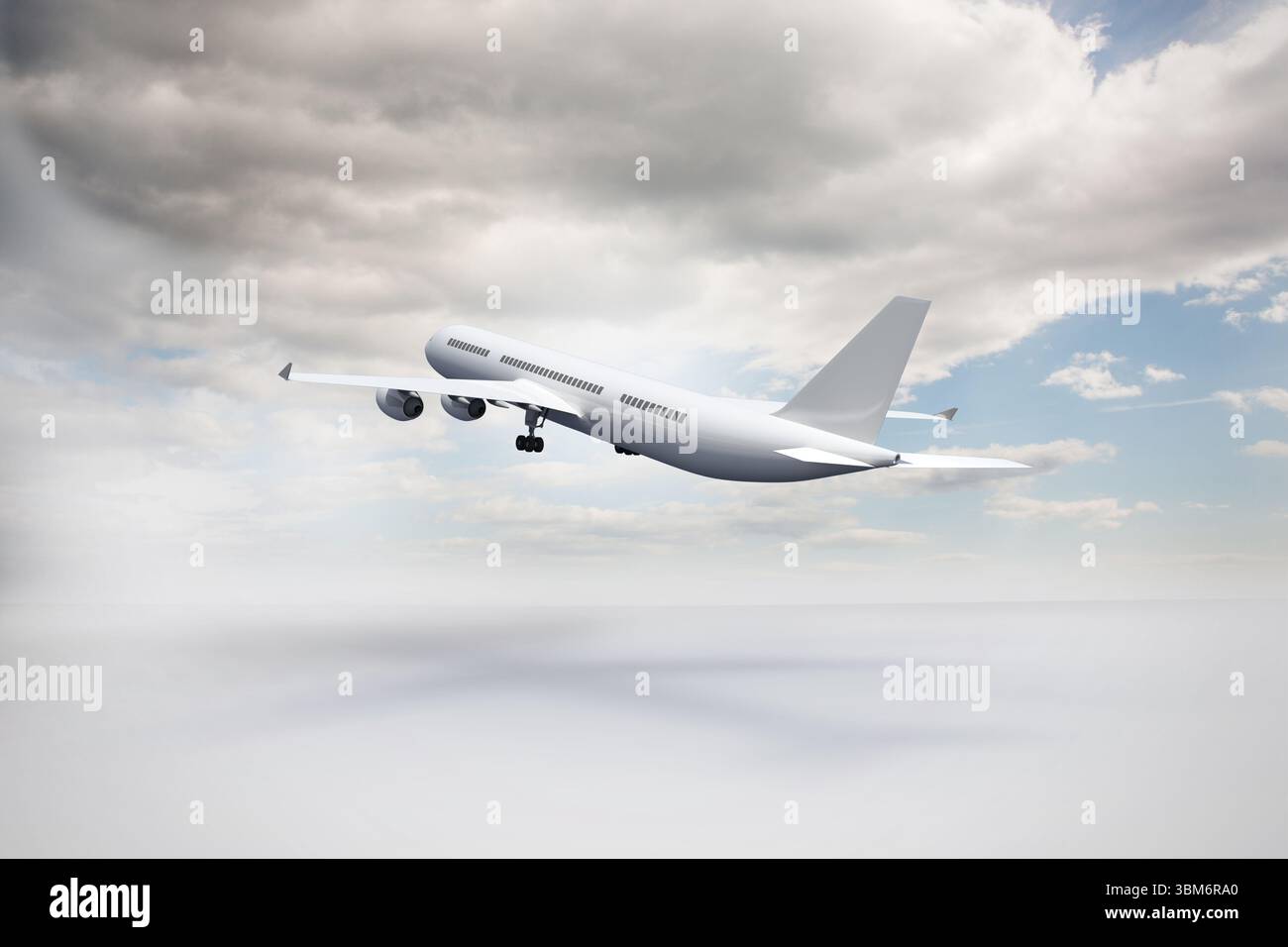 Il jet commerciale dal design piatto con quattro motori si sta arrampicando attraverso le nuvole con un carrello di atterraggio esteso Foto Stock