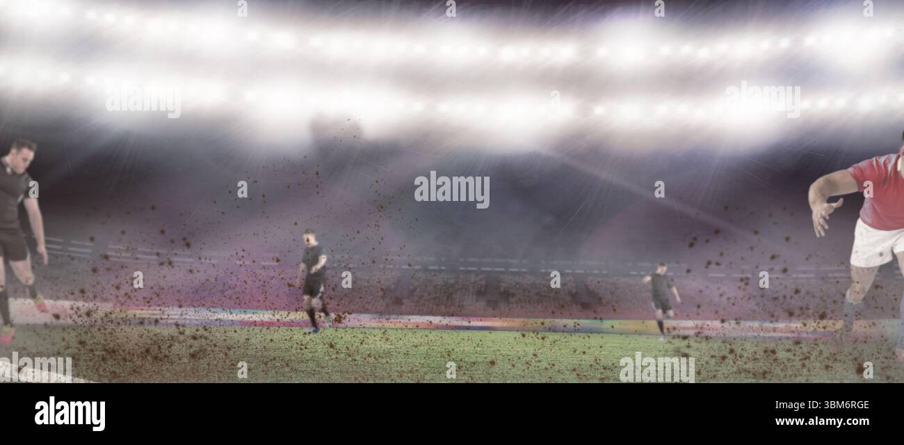 La partita di calcio notturna si svolge in un design piatto sotto i riflettori, con campo fangoso e giocatori Foto Stock