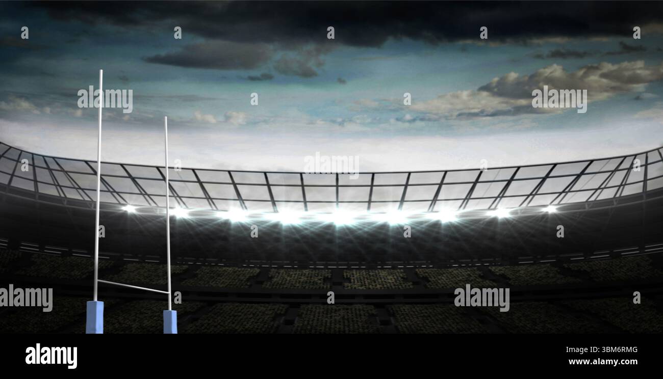 I pali dei portieri in stile Rugby sono caratterizzati da un moderno design piatto da stadio, con imbottitura e luci blu Foto Stock