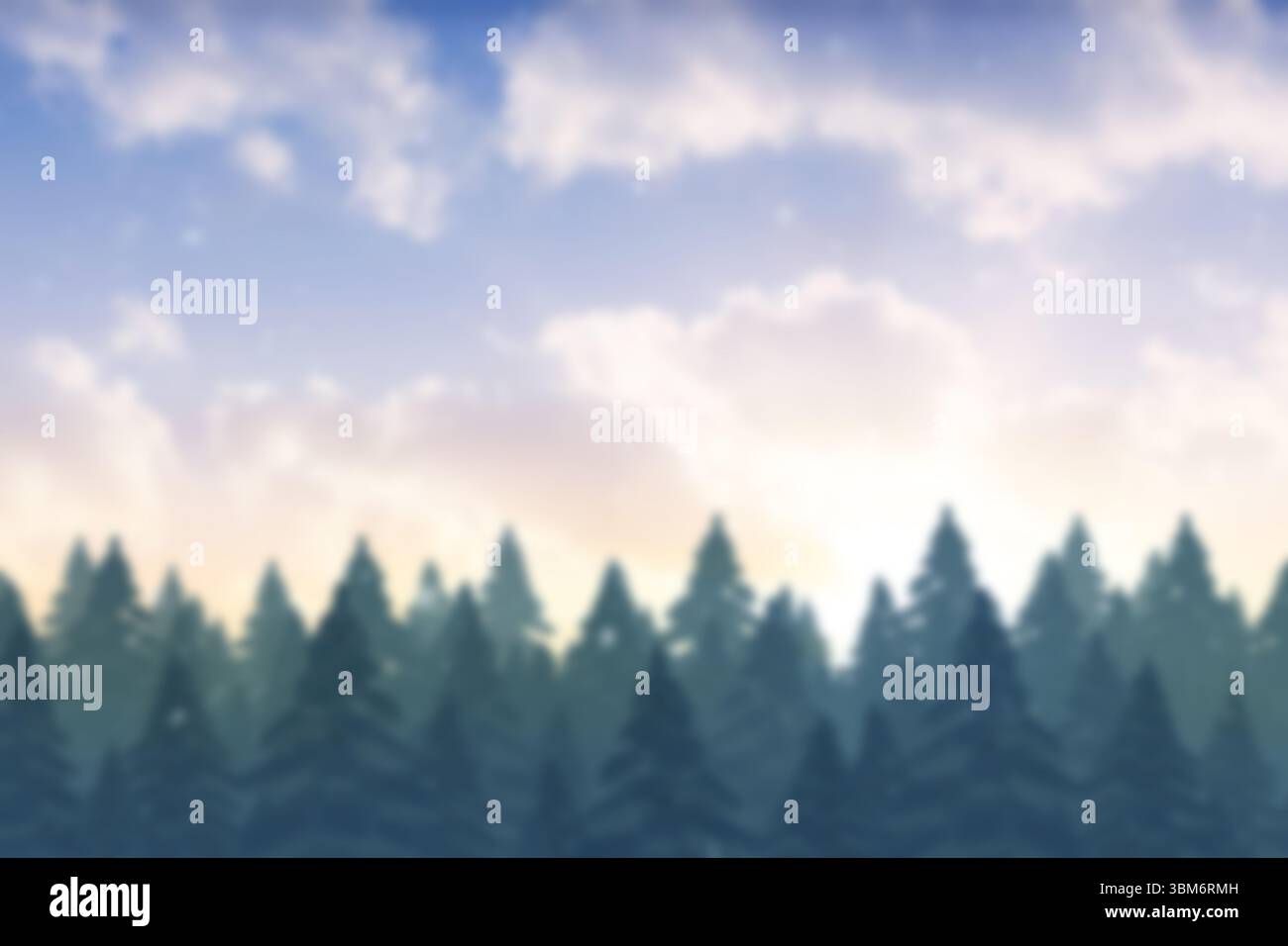 Grafica vettoriale piatta che mostra una fitta silhouette di pineta attraverso l'orizzonte nebbioso sotto nuvole pastello Foto Stock