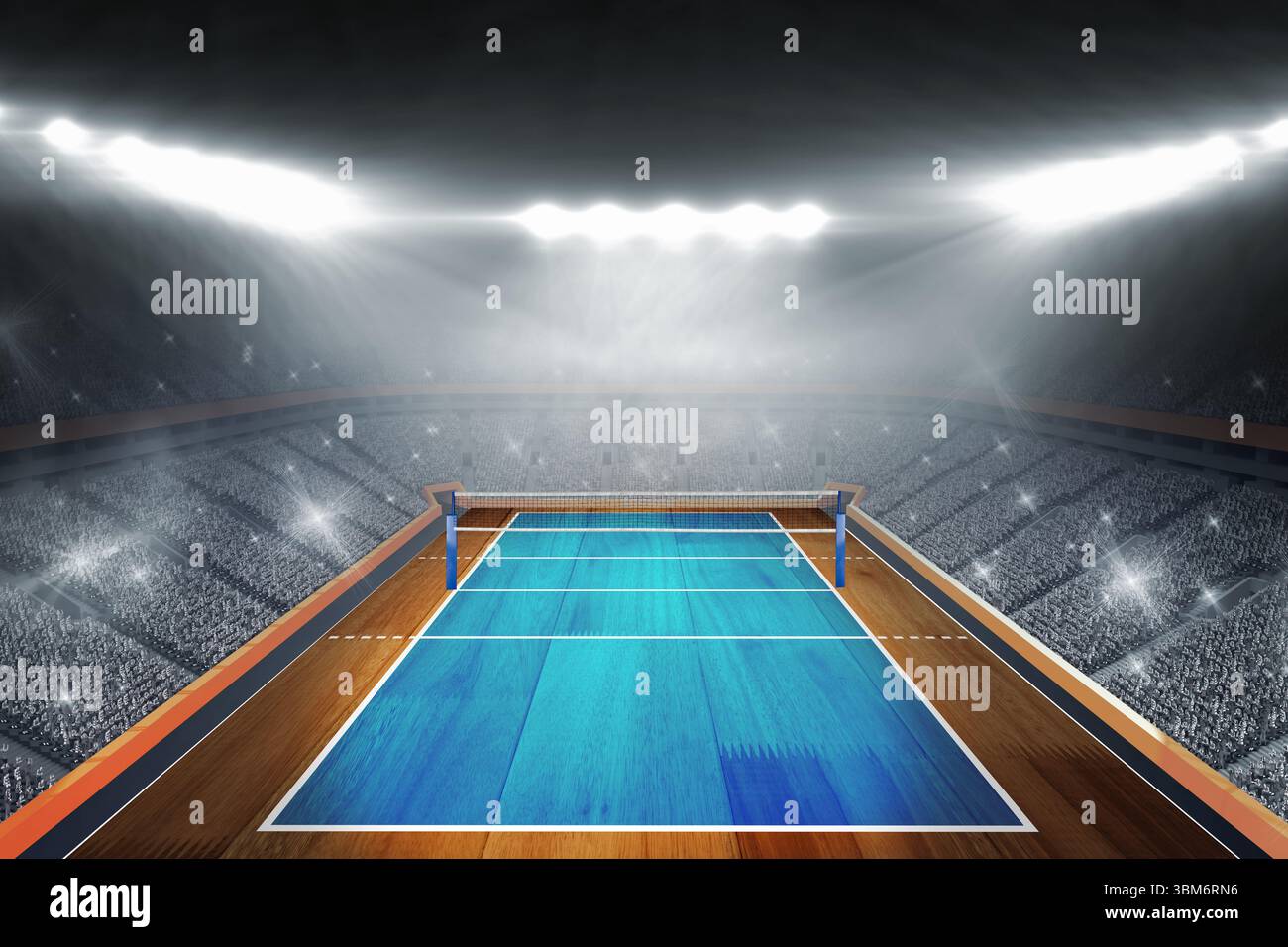 Design piatto con campo da pallavolo vuoto con pavimento blu, rete e supporti sotto i riflettori Foto Stock