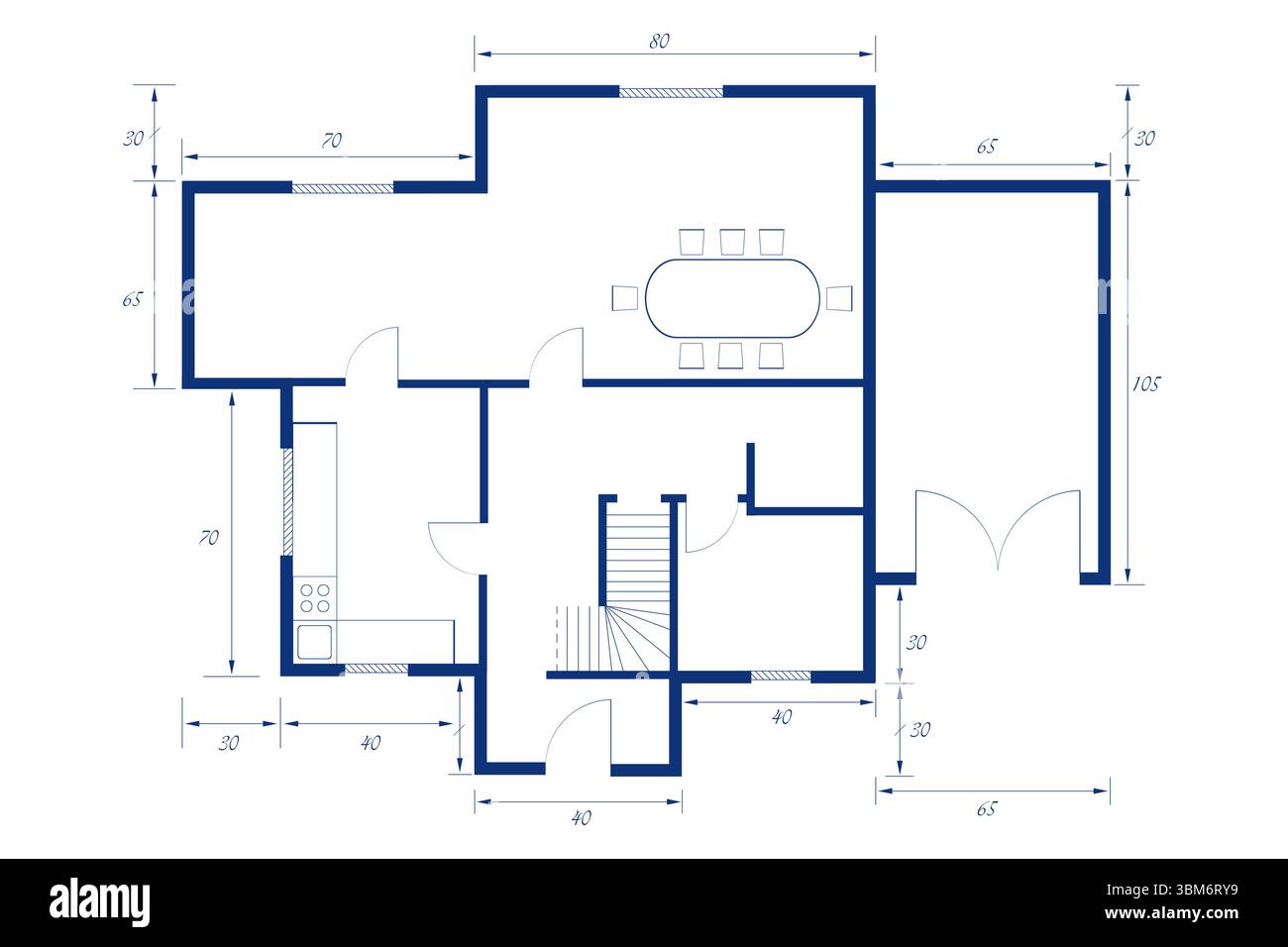 Il progetto tecnico mostra la planimetria con scala, cucina, tavolo da pranzo, sedie e fornelli Foto Stock