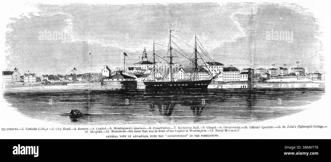 Incisione di Annapolis durante la guerra civile americana, con la nave da guerra Constitution in primo piano Foto Stock