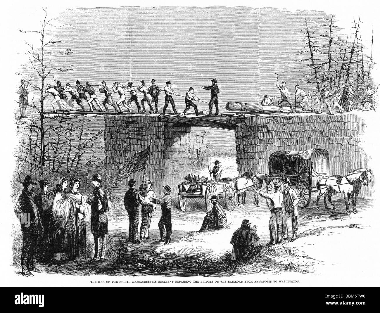 Incisione di soldati che riparano ponti ferroviari durante la guerra civile americana Foto Stock