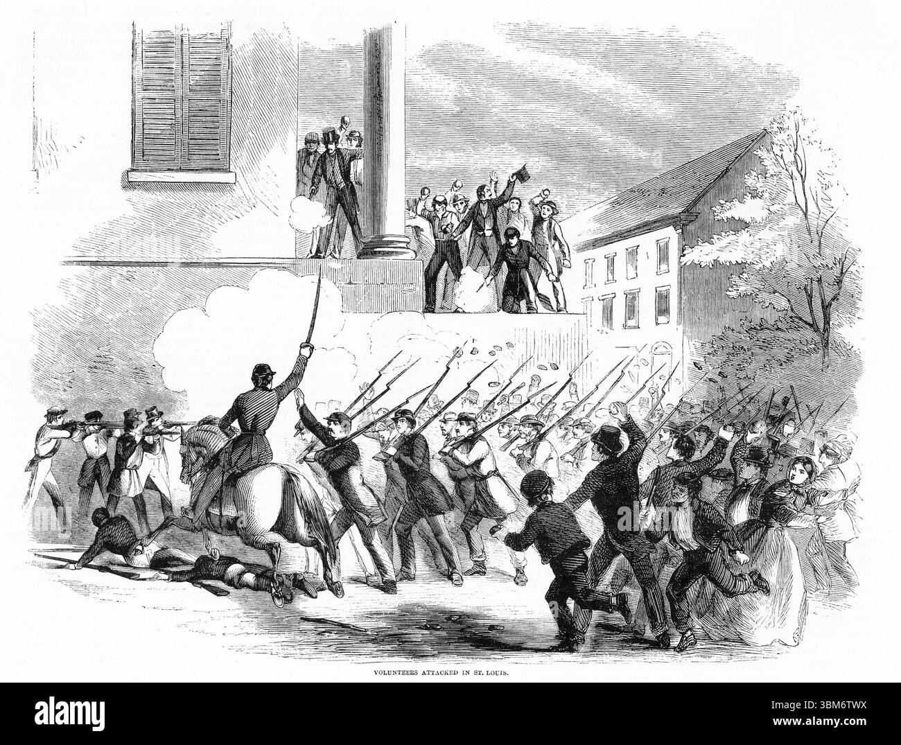 Incisione di volontari attaccati a St Louis durante la guerra civile americana Foto Stock