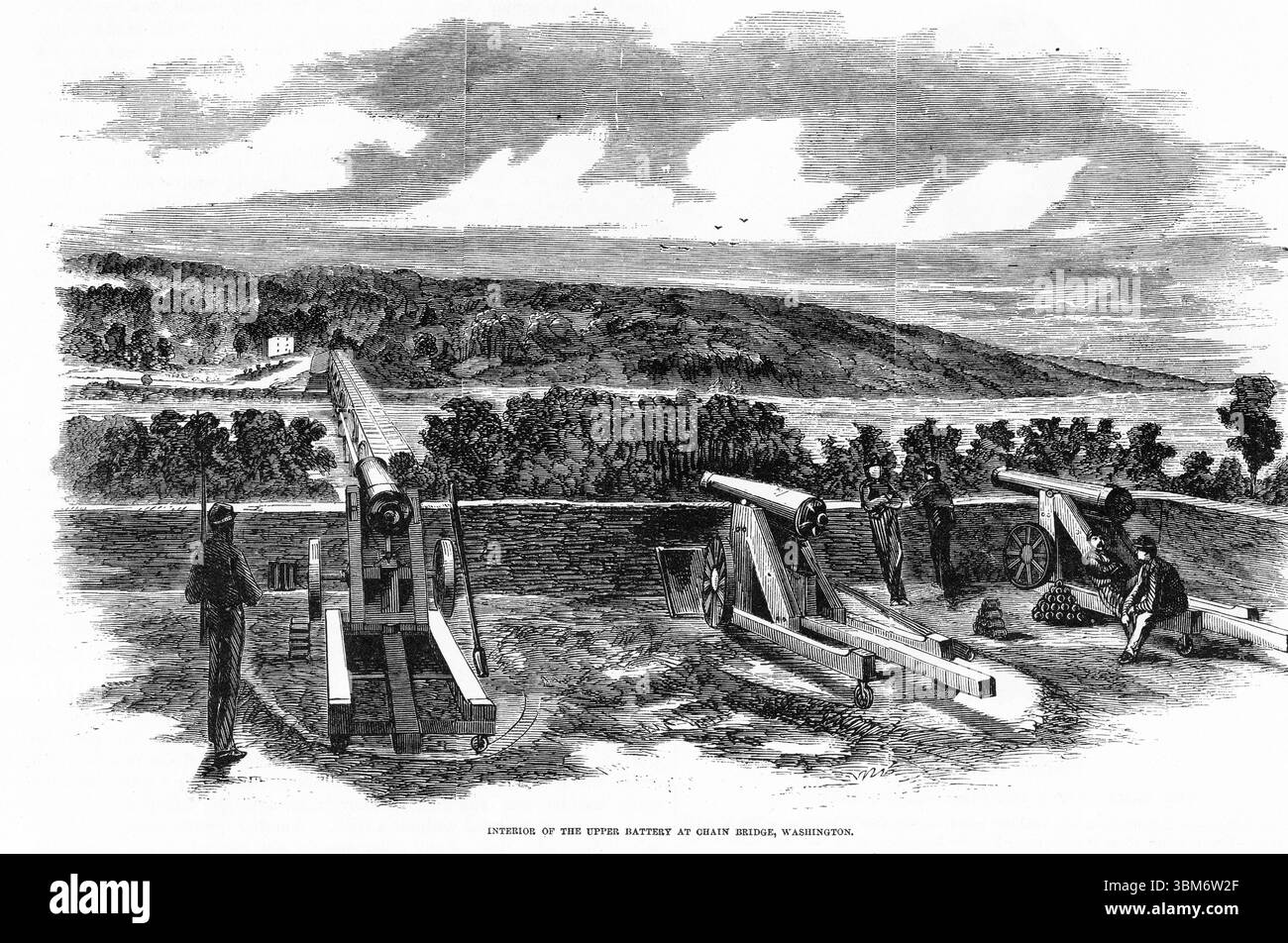 Incisione della batteria superiore a Chain Bridge, Washington, durante la guerra di secessione americana Foto Stock