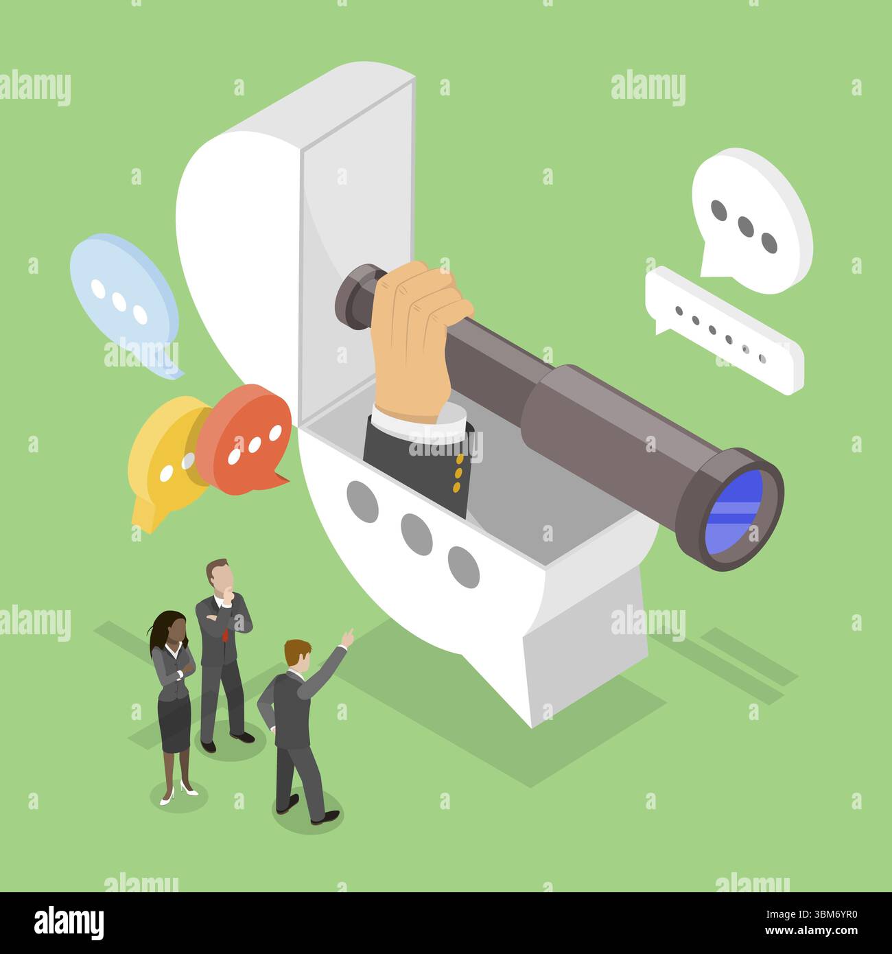 Illustrazione piatta isometrica 3D che illustra il lavoro in riunione, discussione, comunicazione del team Foto Stock