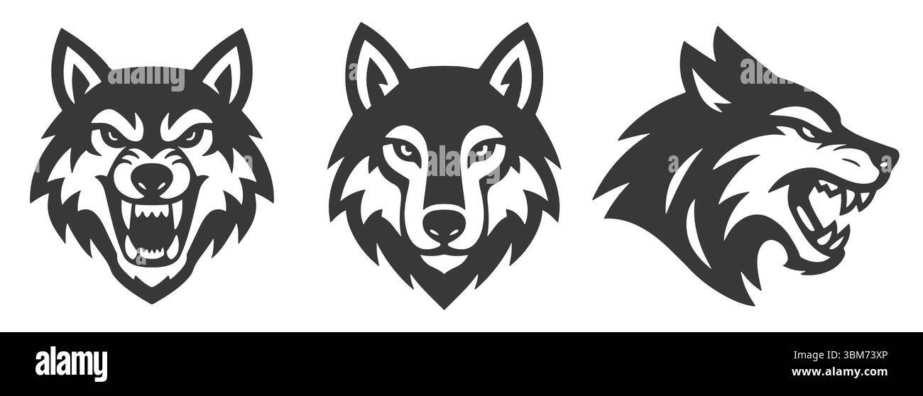 Set di simboli con il logo della testa di lupo. Silhouette del volto di Wolf arrabbiata e aggressiva. Immagine di illustrazione vettoriale. Isolato su sfondo bianco. Illustrazione Vettoriale