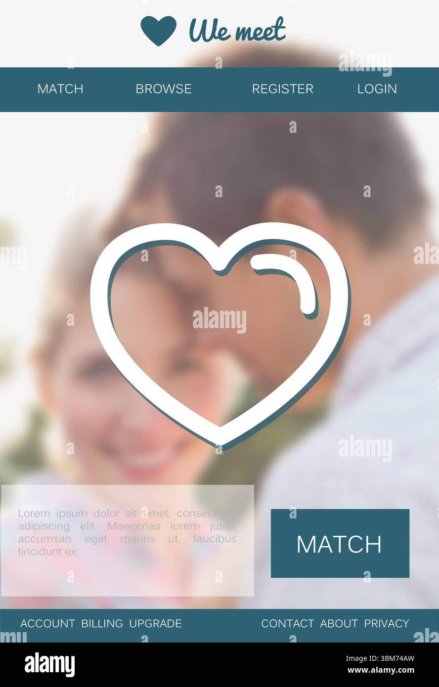 L'interfaccia utente piatta degli incontri online mostra uno sfondo di coppia sfocato con sovrapposizione del cuore e pulsante di corrispondenza Foto Stock