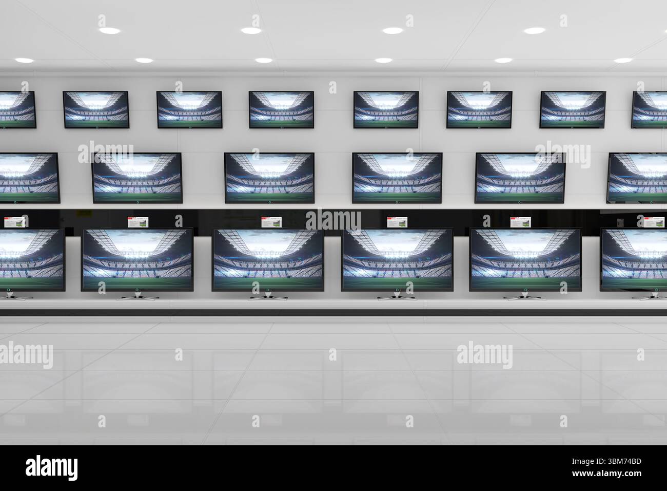 Negozio dal design piatto con TV a schermo piatto, cartellini dei prezzi, espositori e luci da incasso Foto Stock