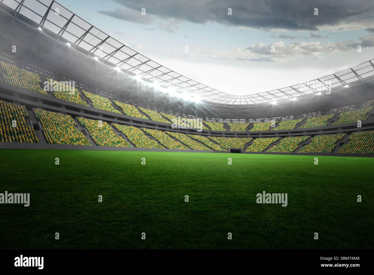 Lo stadio vuoto mostra una scena di design piatto con erba, posti a sedere a più livelli, proiettori e baldacchino Foto Stock