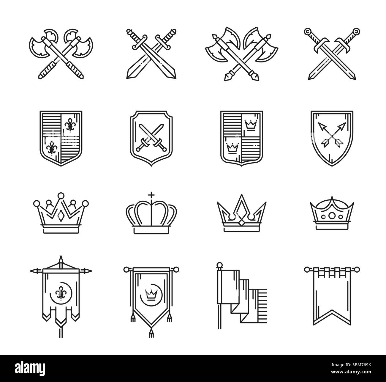 Icone con linee di araldica, corone e armi incrociate, scudi e bandiere pennant. Il vettore delinea gli scudi araldici reali e le bandiere con corone, spade e frecce, asce e nastri, icone di stemma araldica Illustrazione Vettoriale