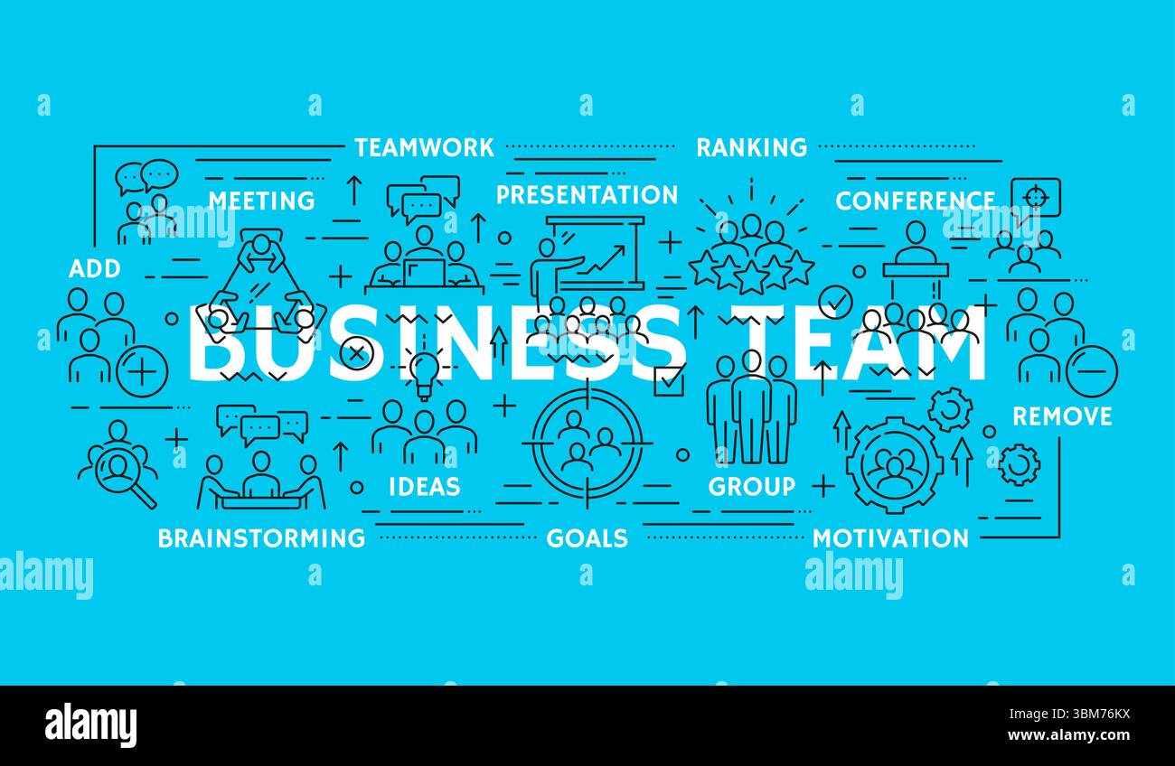 Icone della linea di team aziendali con i gruppi di lavoro dei dipendenti aziendali. Insieme di simboli relativi al lavoro di squadra vettoriale, al leader e alla partnership, all'organizzazione del lavoro di squadra e alla leadership. Icone dipendenti, conferenze e riunioni Illustrazione Vettoriale