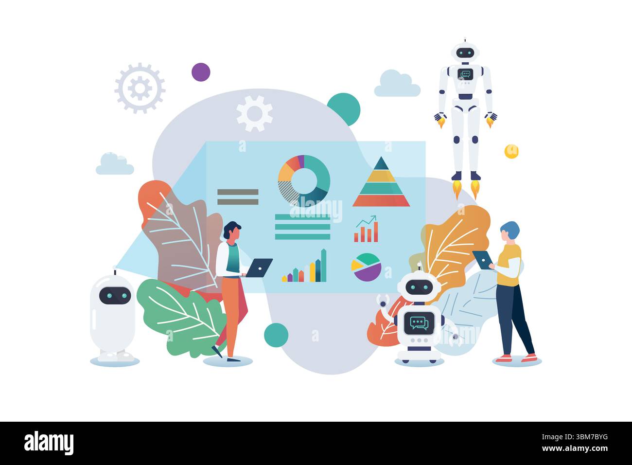 I robot Android si incontrano con la presentazione di un grafico. Illustrazione vettoriale Illustrazione Vettoriale
