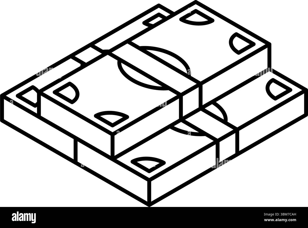 Pila di soldi cartacei icona semplice di disegno lineare, illustrazione isometrica del risparmio di denaro e del concetto di ricchezza, bianco e nero, illustrazione vettoriale Illustrazione Vettoriale