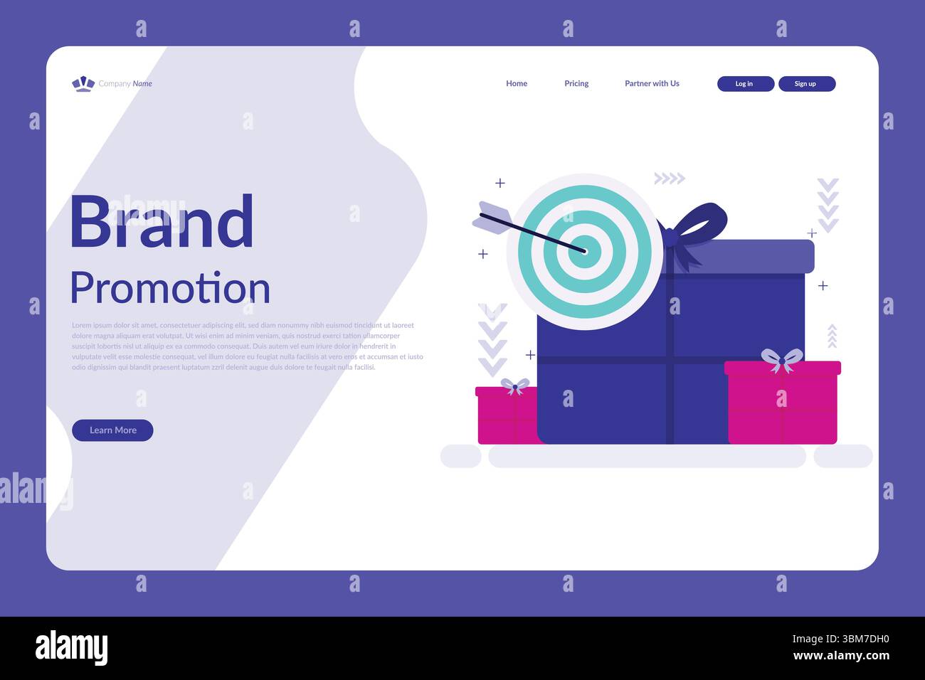 Illustrazione vettoriale di una pagina Web di promozione del marchio con confezioni regalo, bersaglio a forma di bersaglio e moderno layout di marketing blu e bianco Illustrazione Vettoriale