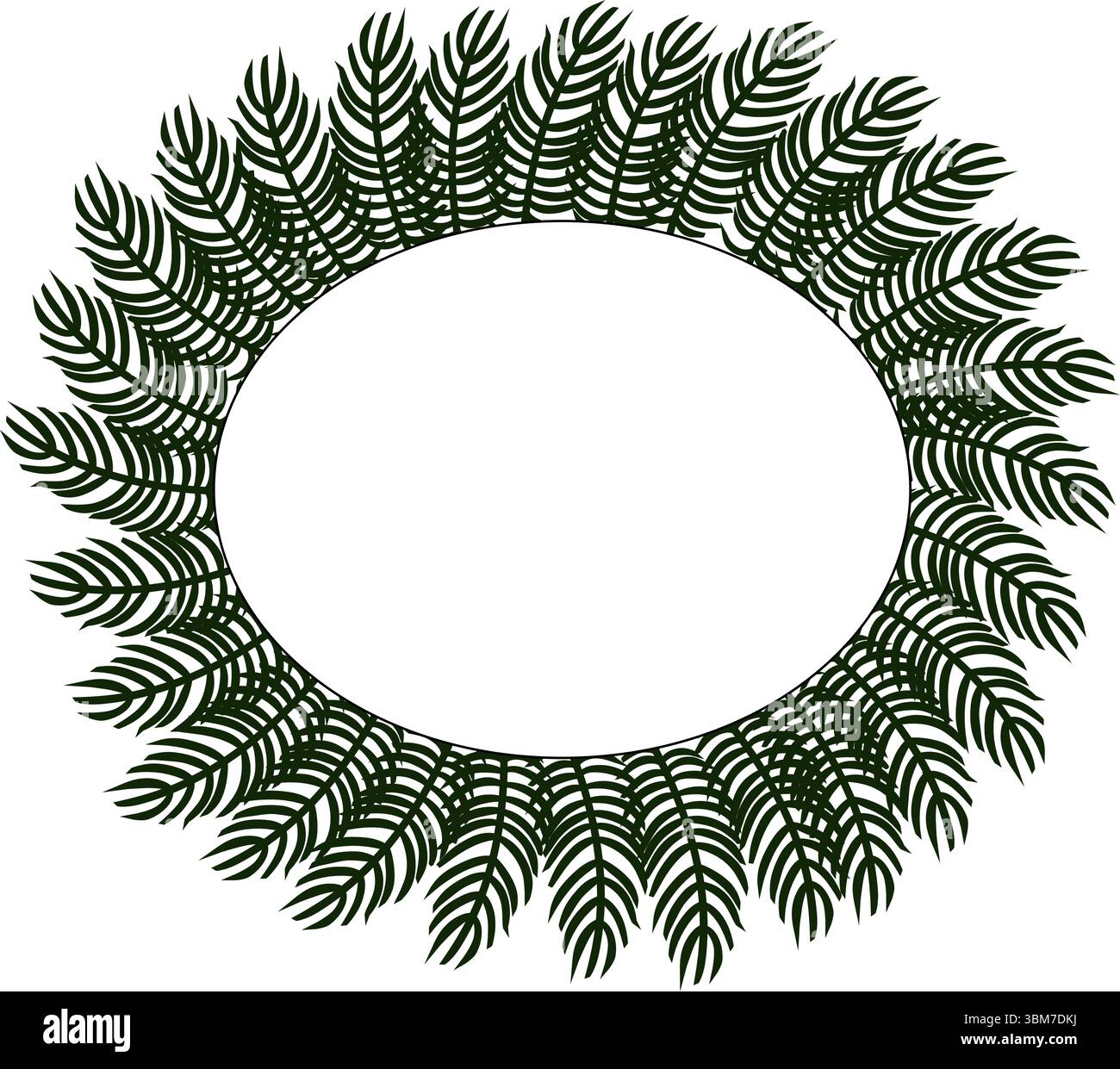 Sagoma ovale della cornice della corona di abete natalizio. Illustrazione dell'inchiostro con linee grafiche vettoriali. Ghirlanda di pino. Elemento decorativo. Perfetto per carte, decorazioni, st Illustrazione Vettoriale