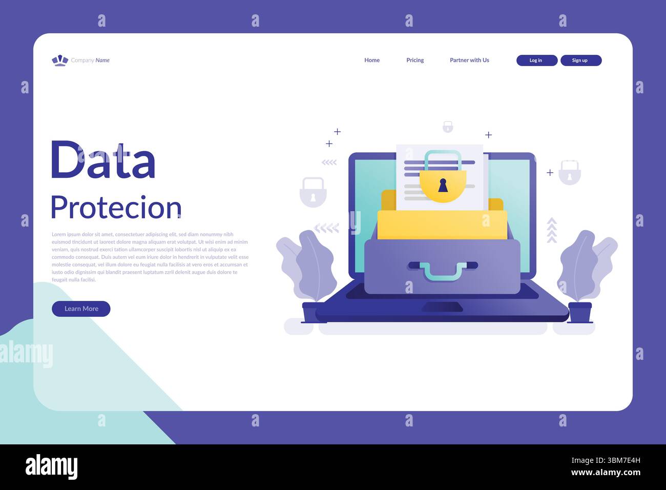 Immagine vettoriale di un'interfaccia Web per la protezione dei dati con laptop, simbolo di lucchetto, cassetto dei file e moderno layout blu-viola Illustrazione Vettoriale