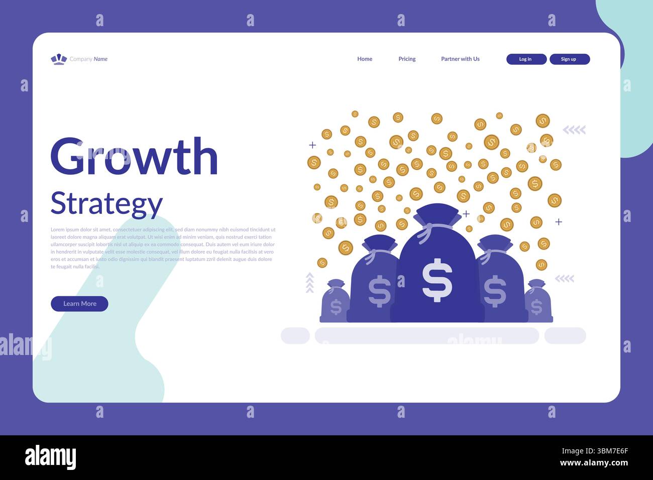 Illustrazione vettoriale di una pagina web che mostra una strategia di crescita con sacchetti di denaro, monete fluttuanti e un moderno layout blu-viola Illustrazione Vettoriale