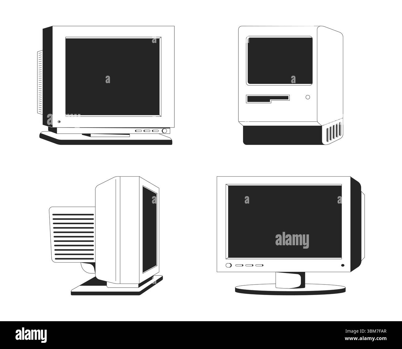 Computer vintage e CRT monitorano il set di oggetti di linea 2D. Illustrazione Vettoriale
