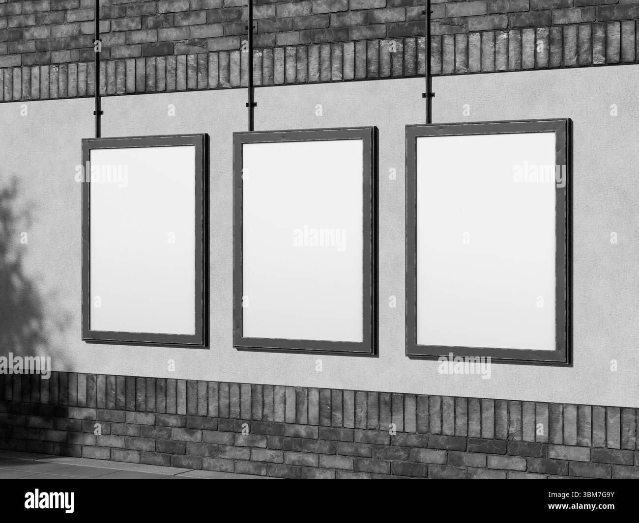 Bianco bianco bianco e nero tre poster esterni su una parete in mattoni Foto Stock