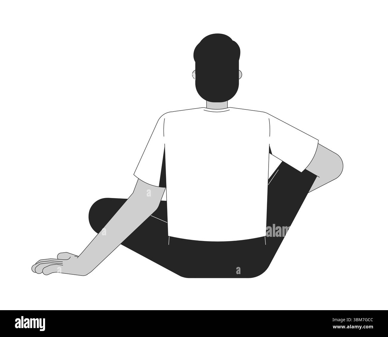 Uomo senza volto dell'asia meridionale seduto a gambe incrociate da dietro il personaggio 2D. Illustrazione Vettoriale