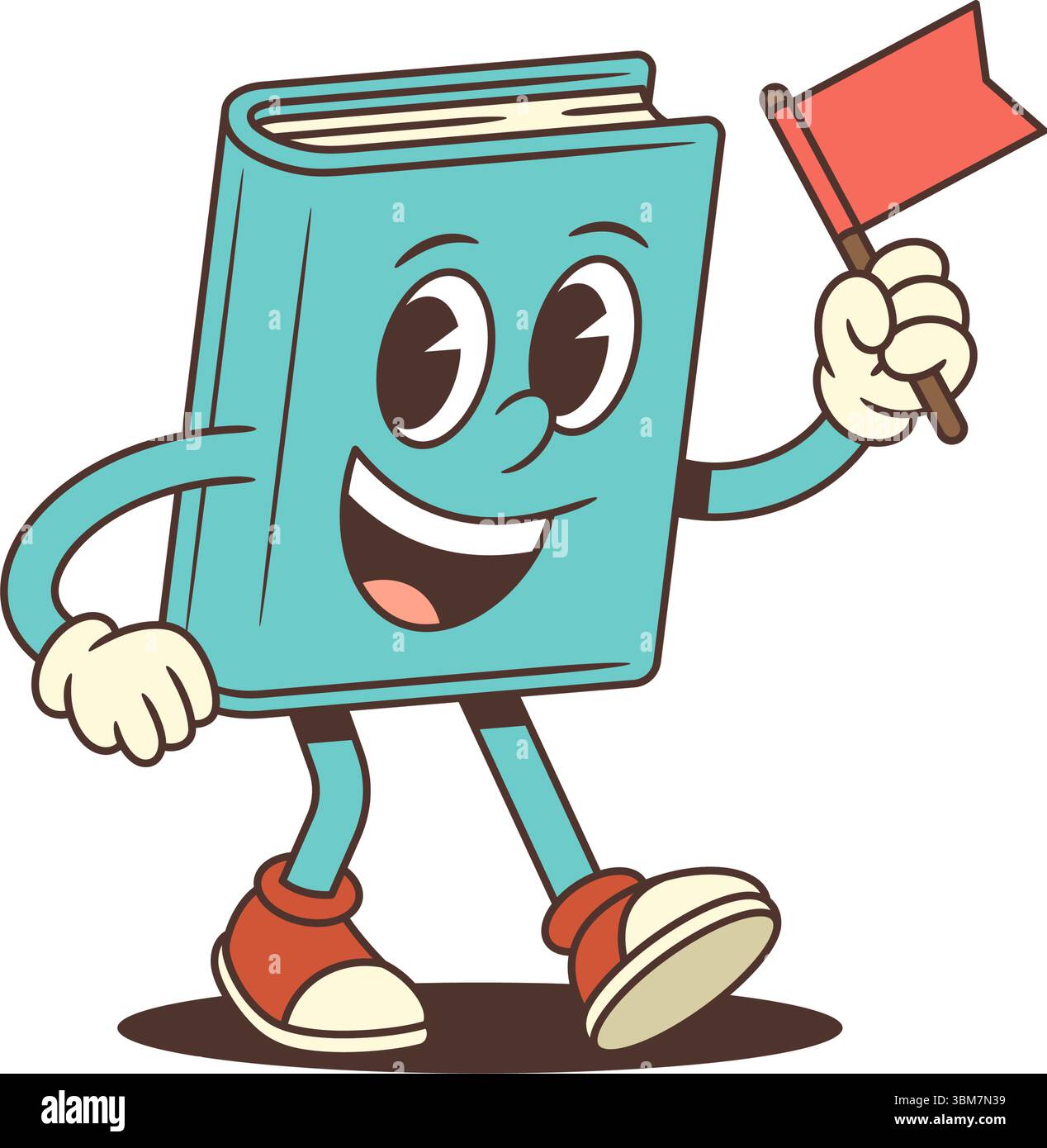 Mascotte blu del libro dei cartoni animati che cammina con gioia in avanti tenendo una bandiera rossa. Ideale per campagne educative, promozioni e progetti per bambini. Luminoso e f Illustrazione Vettoriale Mascotte blu del libro dei cartoni animati che cammina con gioia in avanti tenendo una bandiera rossa. Ideale per campagne educative, promozioni e progetti per bambini. Luminoso e f Illustrazione Vettoriale