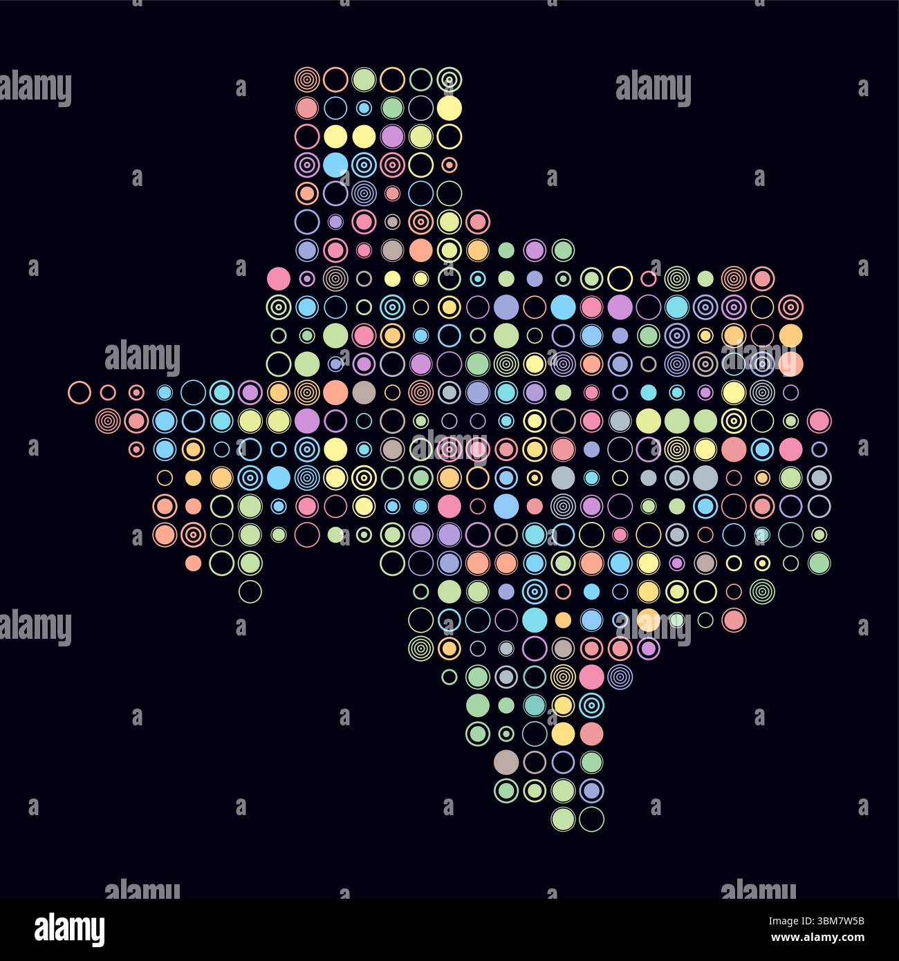 Texas, forma dello stato costruito con celle colorate. Mappa digitale del Texas su sfondo scuro. Blocchi circolari di grandi dimensioni. Illustrazione Vettoriale