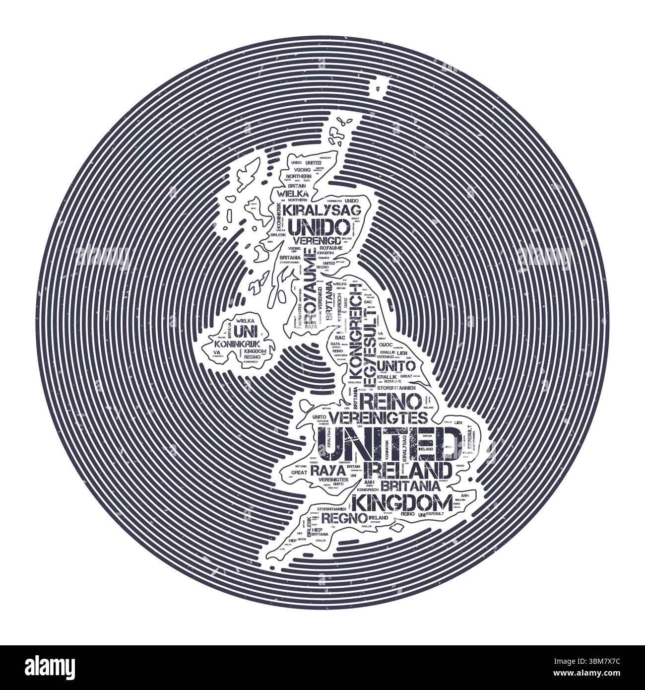 Immagine vettoriale del Regno Unito. Design del logo rotondo del paese. Poster del Regno Unito in archi circolari e in stile wordcloud. Illustrazione vettoriale artistica. Illustrazione Vettoriale
