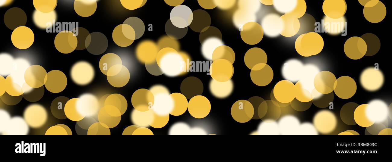 Luci bokeh dorate e luccicanti che creano un effetto festoso e lussuoso con punti scintillanti e un bagliore vibrante. Cerchi sfocati e texture scintillanti evocano l'atmosfera Foto Stock