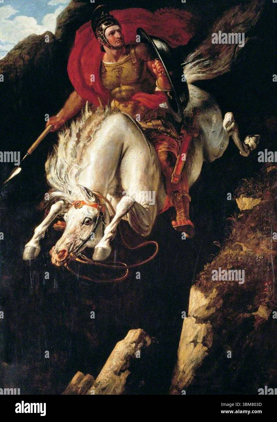 Curtius Leaping into the Gulf è un dipinto storico del 1842 dell'artista britannico Benjamin Robert Haydon.[1] raffigura una scena della prima Repubblica romana registrata da Livio. Marcus Curtius salta coraggiosamente in un gigantesco buco che si era aperto nel foro Romano in un atto di auto-sacrificio per salvare la città.[2 Foto Stock