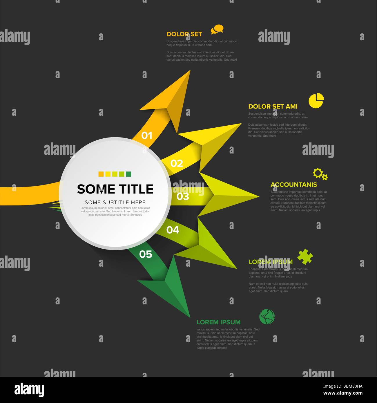 Un moderno modello infografico aziendale versatile che mostra un processo sequenziale con frecce numerate e sezioni di dati integrate. Progetti multistadio Illustrazione Vettoriale