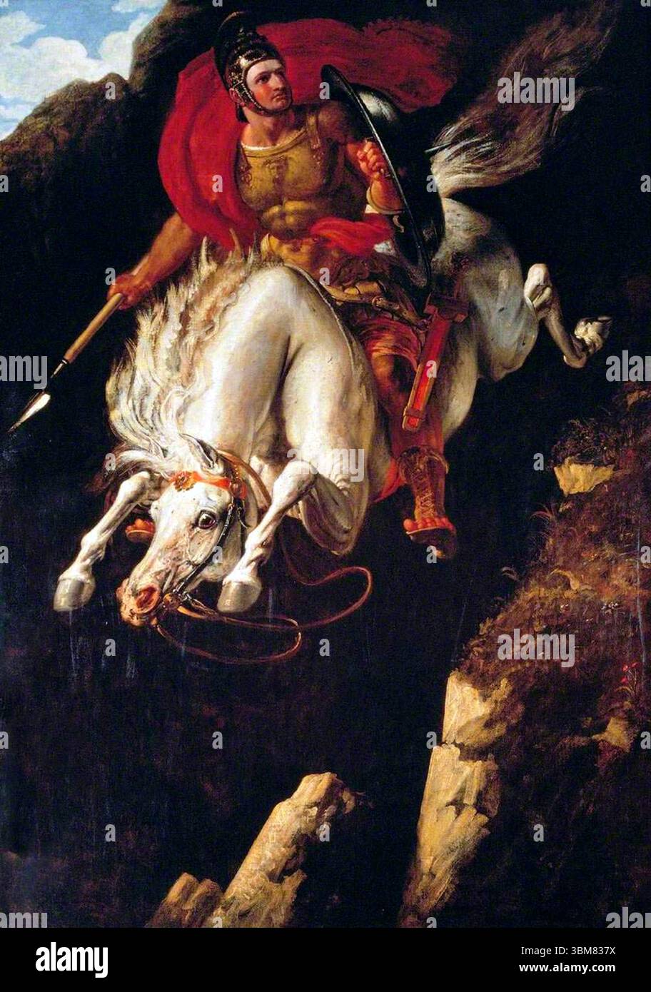 Curtius Leaping into the Gulf è un dipinto storico del 1842 dell'artista britannico Benjamin Robert Haydon.[1] raffigura una scena della prima Repubblica romana registrata da Livio. Marcus Curtius salta coraggiosamente in un gigantesco buco che si era aperto nel foro Romano in un atto di auto-sacrificio per salvare la città.[2 Foto Stock