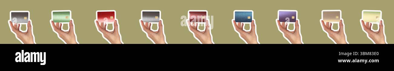 Carta di credito in mano, spremendo una collezione di carte di credito o debito diverse con chip. Rappresenta il commercio moderno, i pagamenti senza contanti e i finanziamenti Foto Stock