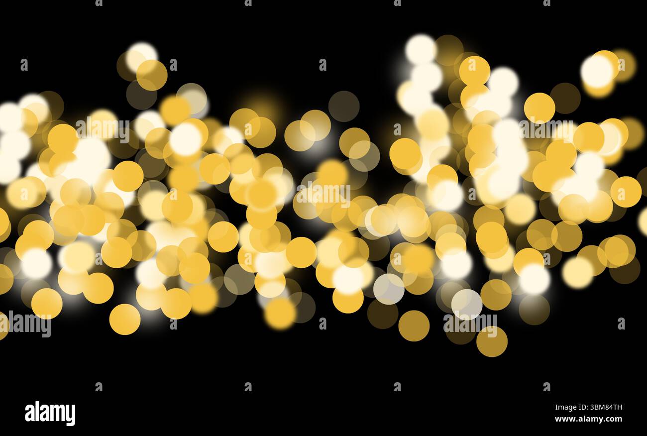 Il bokeh dorato si illumina in uno schema festoso, creando un'atmosfera magica con piccoli punti morbidi e un bagliore luminoso e vibrante. L'effec sfocato e defocalizzato Foto Stock