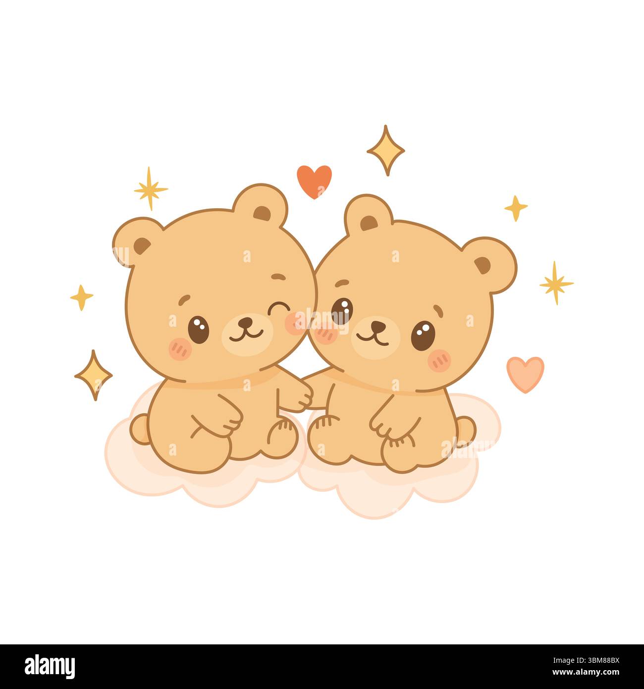 Adorabile insegna Gemini in stile kawaii con due orsi gemelli sorridenti, scintille, cuori e sfondo pastello. Simbolo di dualità e gioia. Illustrazione Vettoriale