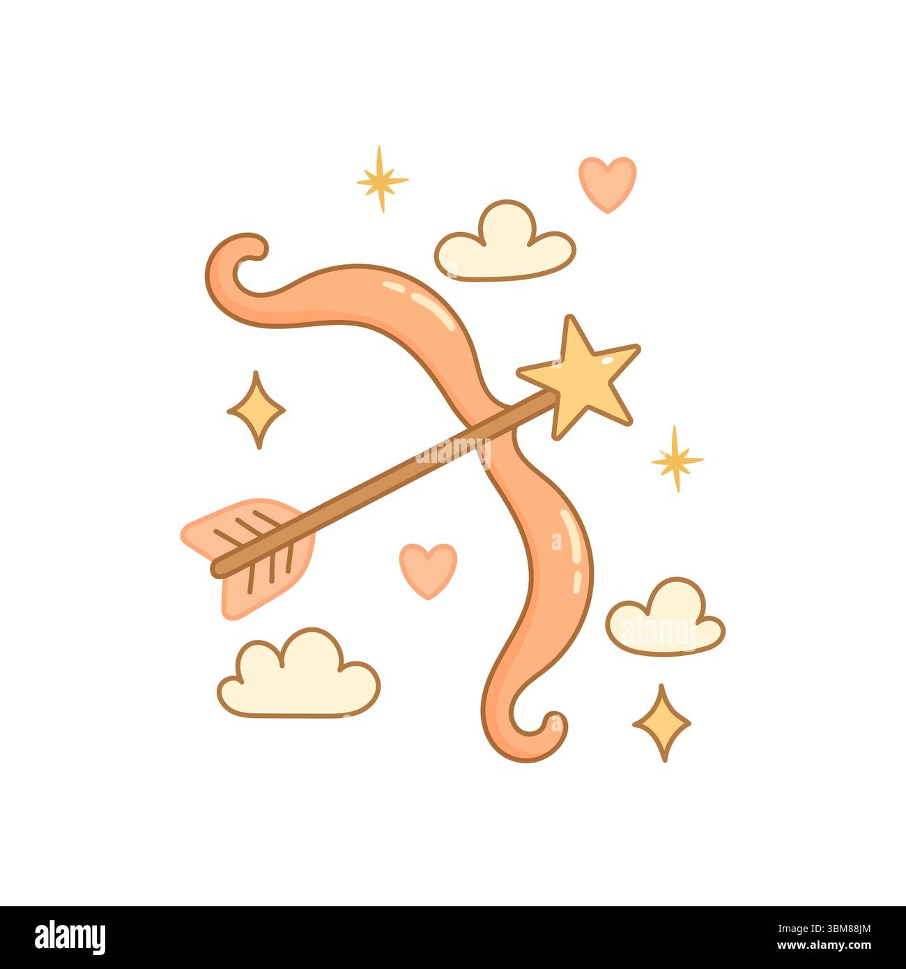 Simbolo zodiaco sagittario in stile Kawaii con grazioso arco, freccia dorata, cuori, nuvole e stelle scintillanti su sfondo bianco. Illustrazione Vettoriale