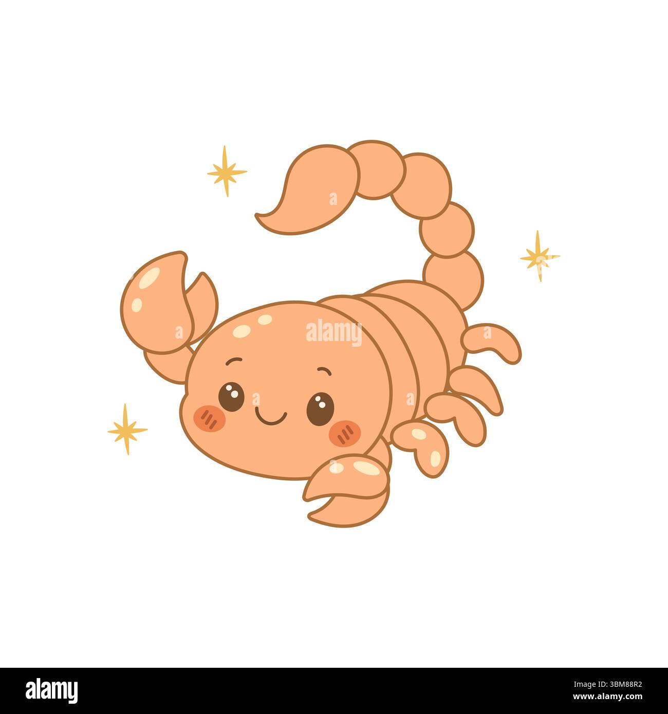 Giocoso segno zodiacale dello Scorpione con simpatico scorpione in stile kawaii, circondato da scintille. Un tocco divertente sulla misteriosa personalità zodiacale. Illustrazione Vettoriale