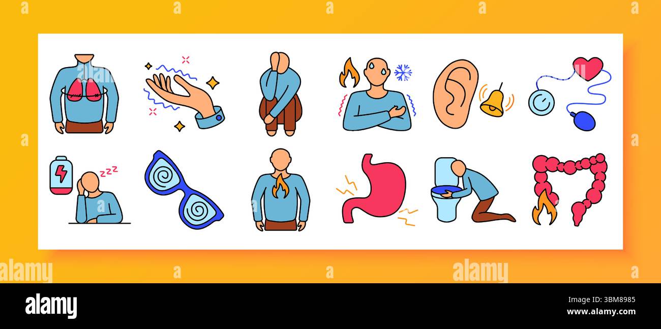 Icona della serie di sintomi fisici. Include dolore al petto e allo stomaco, vampate di calore, brividi freddi, problemi digestivi, affaticamento, vomito, vertigini, acufene e. Illustrazione Vettoriale